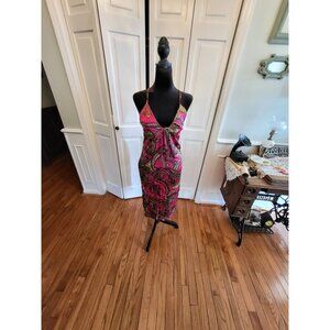 Vintage y2k Silk Pink /Green Print Plunging Neck Midi  Slip Dress sz 6 Going Out